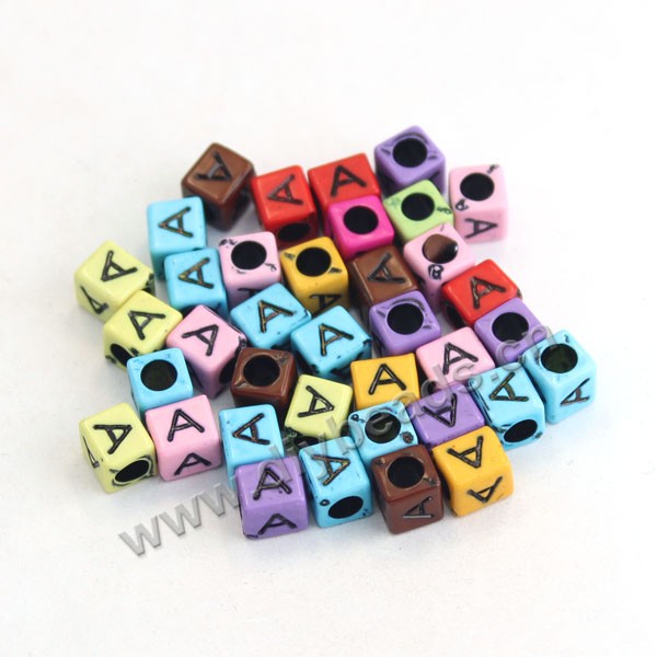 Bead, acrylic,mixed color,alphabet is A, 6x6mm cube with 3mm drill hole. Sold per pkg of 100ps