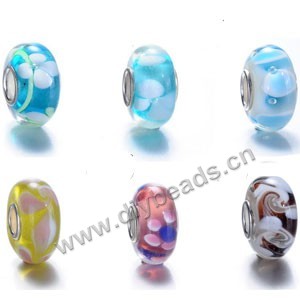 Bead mixed, big-hole lampworked glass beads with silver-finished brass grommets,multicolored, 14x8mm rondelle with 5mm hole. 6 styles to option.Sold per pkg of 500.