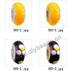 Bead,big-hole beads ,lampworked glass with silver-finished brass grommets,mixed colors and designs,6x12mm-8x14mm rondelle ,4mm spiral hole,sold per pkg of 4ps
