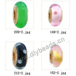 Bead,big-hole beads ,lampworked glass with silver-finished brass grommets,mixed colors and designs,6x12mm-8x14mm rondelle ,4mm spiral hole,sold per pkg of 4ps