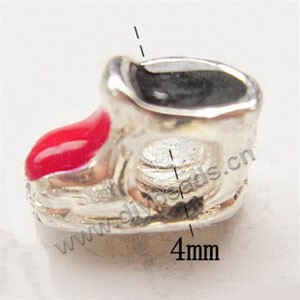 Bead, big-hole beads,silver-plated pewter and enameled , red/black, 7x14mm baby shoes, 4mm hole. Sold per pkg of 10ps