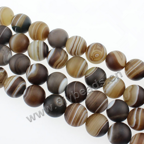Beads, frosted striped agate, brown color, 8mm round. Sold per pkg of 10 strands
