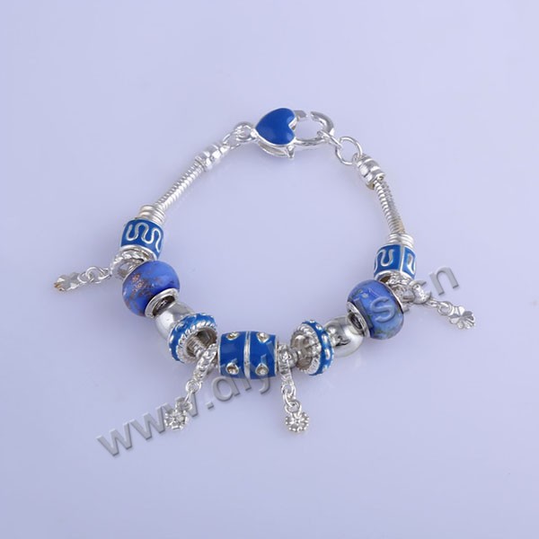 Bracelet,alloy and lampwork glass,blue ,large hole beads,Sold per package of 1 piece