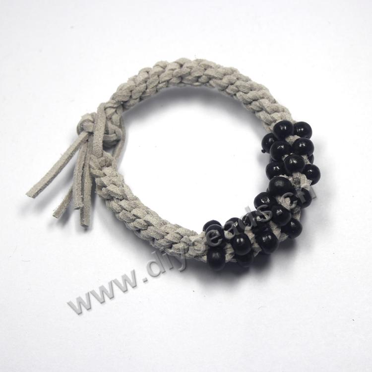 Bracelet, faux suede cord, and beads braided bracelet, grey color, Sold per pkg of 30pcs.