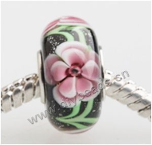 Bead, big-hole beads,	Lampworked glass and silver-plated brass grommet,black with flower, 14x7mm rondelle with 4.5 mm hole,sold per pkg of 50ps