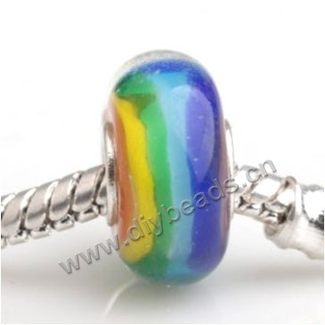 Bead, big-hole beads,Lampworked glass and 925 sterling silver grommet,multicolored,14x7mm rondelle with 4.5 mm hole,sold per pkg of 50ps