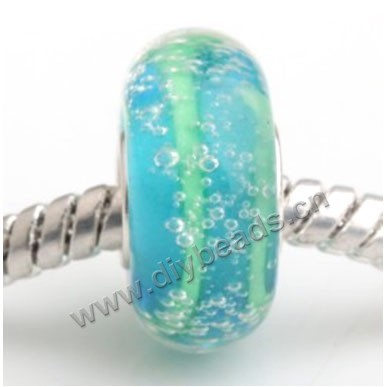 Bead, big-hole beads,Lampworked glass and silver-plated brass grommet,blue with stripe,14x7mm rondelle with 4.5 mm hole,sold per pkg of 50ps