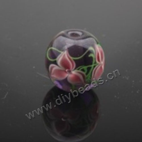 Bead, lampworked glass,black with flower, 14x14mm round.mini order 50pc 