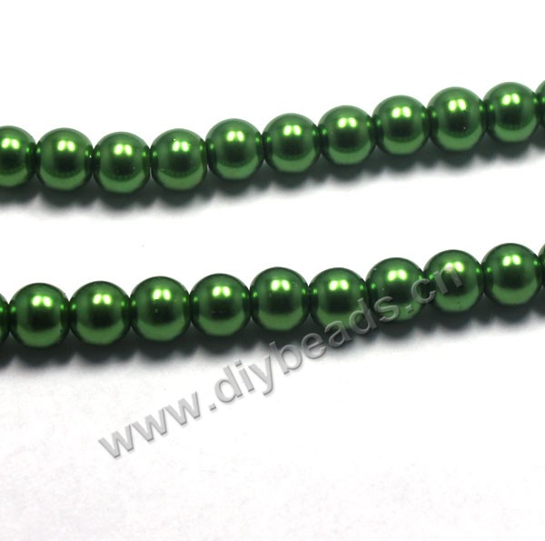 Bead, glass pearl, green, 10mm round. Sold per pkg of 32-inch strands.