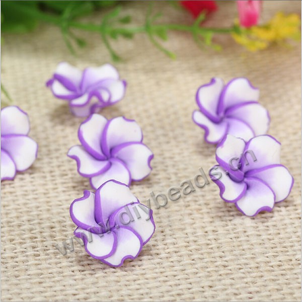 Bead, polymer clay,purple/white,10x4mm two tone flower. Sold per pkg of 5.