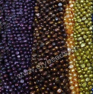 Pearl mix, cultured freshwater ( dyed), purple/copper/orange/olive,mixed colors, 5-6mm flat-sided potato . Sold per pkg of (100) 14-inch strands.