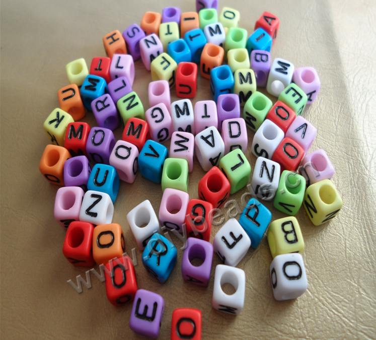 Bead, acrylic,mixed color,alphabet, 6x6mm cube with 2.5mm drill hole. Sold per pkg of 100grams