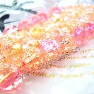 Bead, crackle glass, pink and yellow, 10mm round. Sold per  32-inch strand, approximately 80ps/strand