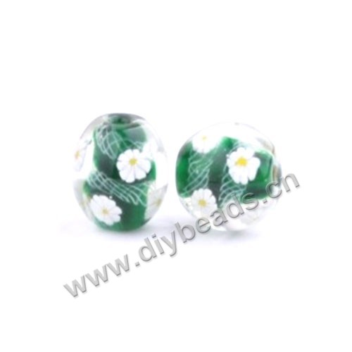 Bead, lampworked glass,green with flower, 16x16mm round.mini order 50pc 