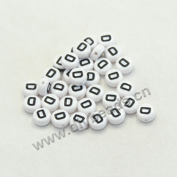 Bead mix, acrylic, white with black alphabet D, 7x4mm double-sided flat round with 1.2mm drill hole. Sold per pkg of 100ps