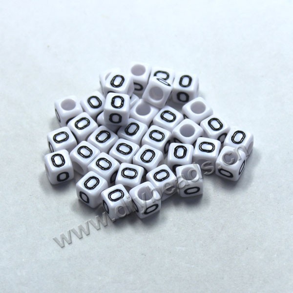 Bead, acrylic,White,alphabet is O, 6x6mm cube with 3.5mm drill hole. Sold per pkg of 100ps