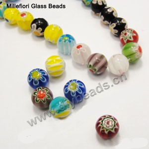 bead,millefiori glass,multicolored ,10mm round,approximately 39ps/strand 