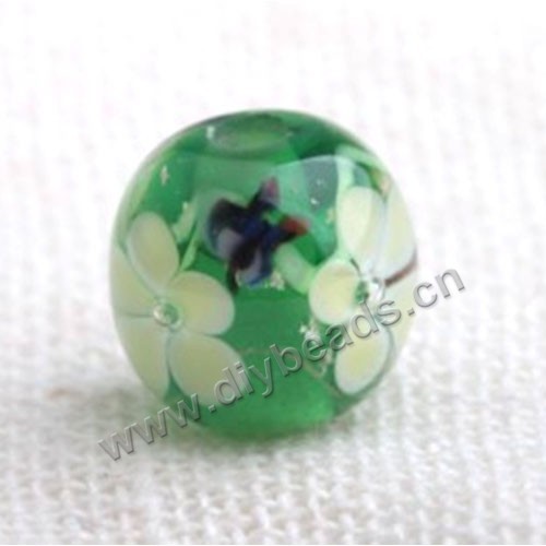 Bead,Japan lampworked glass,green with flower, 12x12mm round.mini order 100pc 