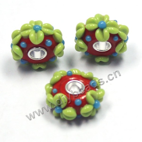 Bead,big-hole beads ,lampworked glass with silver-finished brass,16x10m rondelle,green,mini order 5pcs