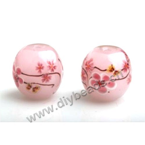 Bead,Japan lampworked glass,pink with flower, 16x16mm round.mini order 100pc 