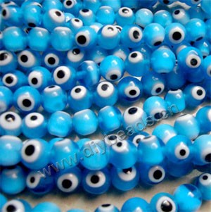 Bead , lampworked glass, opaque turquoise blue, 10mm double-sided round with wards off the evil eye design. Sold per pkg of (4) 15-inch strand.