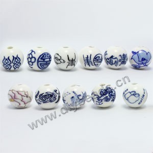 Bead, porcelain, multicolored, 10mm round with flower, 2-2.5mm hole. Sold per pkg of 200.