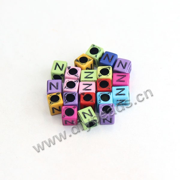 Bead, acrylic,mixed color,alphabet is Z, 6x6mm cube with 3mm drill hole. Sold per pkg of 100ps