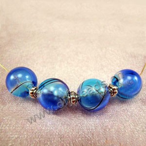 Bead, hand-blown glass, turquoise blue/cobalt blue, 13mm hollow round. Sold per pkg of 10
