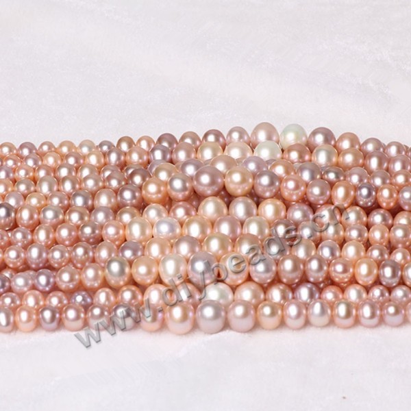 Pearl, cultured freshwater(natural), mix color, 5-9mm nealy round, AAA2 grade. Sold by per 1 strand.