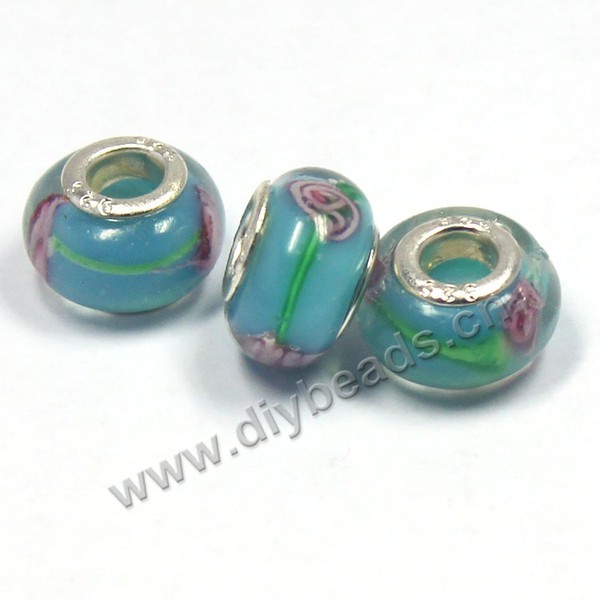 Bead,big-hole beads ,lampworked glass with silver-finished brass,14x9m rondelle ,green with flower, mini order 200pcs