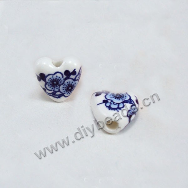 bead,porcelain,white and blue,15mm heart with hand-painted flower,sold per pkg of 50ps 