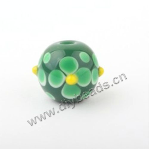 Bead,Japan lampworked glass,green with fower, 14x14mm round.mini order 100pc 