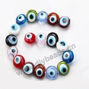 Bead mix, lampworked glass, multicolored, 6mm double-sided puffed round with wards off the evil eye design. Sold per(20) 15-inch strand.