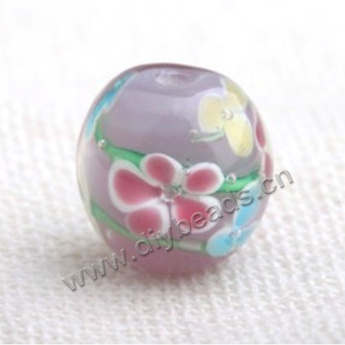 Bead,Japan lampworked glass,purple with fower, 14x14mm round.mini order 100pc 
