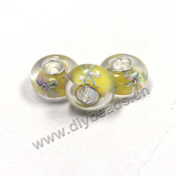 Bead,big-hole beads ,clear with yellow,lampworked glass with silver-finished brass,14x8m rondelle flower design,mini order 10pcs