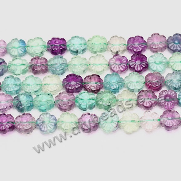 Bead, rainbow fluorite (natural), 12mm carved flower, A grade. Sold per 15-inch strand.