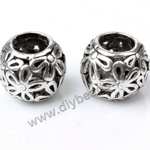 Bead,big-hole beads,alloy,10x8mm,round,silver color,Sold per pkg of 50ps