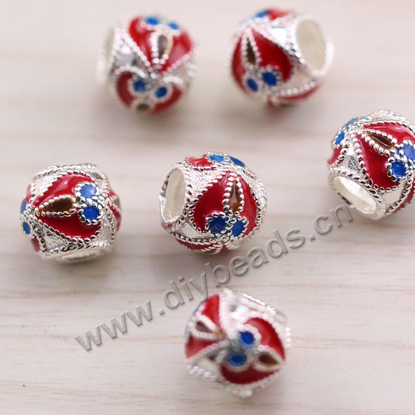 Enamel Bead, 925 Thai silver, drum shape, 7*8mm, 4mm hole, multicolored, Sold per pkg of 1 bag-5 pieces.
