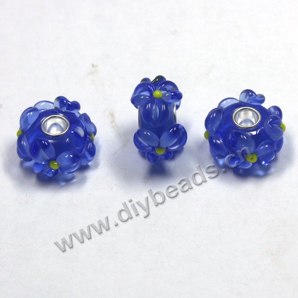 Bead,big-hole beads ,lampworked glass with silver-finished brass,16x10m rondelle,blue,mini order 50pcs