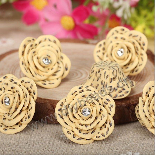 Bead, polymer clay,yellow with leopard print,20x10mm flower. Sold per pkg of 5.