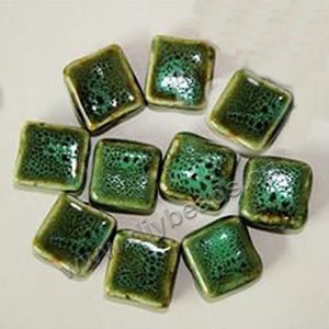 Bead , fancy glaze porcelain,green, 16x16mm flat square. Sold per pkg of 30 beads. 