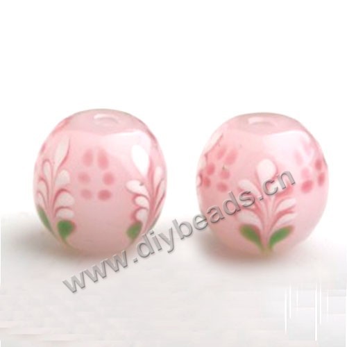 Bead,Japan lampworked glass,pink with flower, 14x14mm round.mini order 100pc 