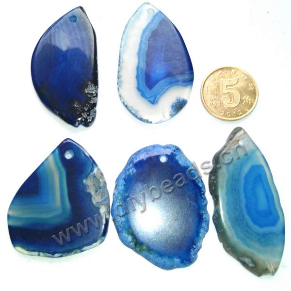 Pendant, natural agate slice (dyed), approx 30*50 mm, blue, Sold per pkg of 5 pcs.