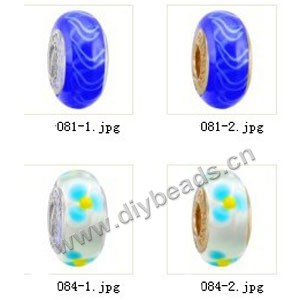 Bead,big-hole beads ,lampworked glass with silver-finished brass grommets,mixed colors and designs,6x12mm-8x14mm rondelle ,4mm spiral hole,sold per pkg of 10ps