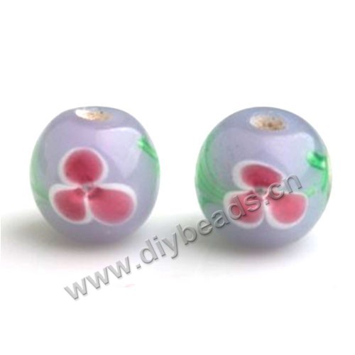 Bead,Japan lampworked glass,purple with flower, 10x10mm round.mini order 100pc 