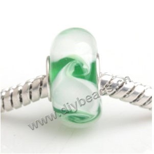 Bead, big-hole beads,Lampworked glass and silver-plated brass grommet,white,14x7mm rondelle with 4.5 mm hole,sold per pkg of 50ps