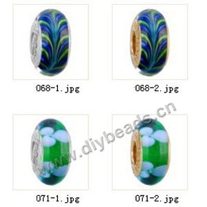 Bead,big-hole beads ,lampworked glass with silver-finished brass grommets,mixed colors and designs,6x12mm-8x14mm rondelle ,4mm spiral hole,sold per pkg of 10ps