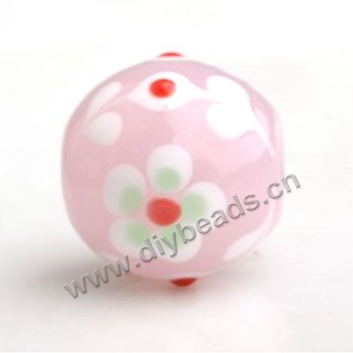 Bead,Japan lampworked glass,pink with bright flower, 16x16mm round.mini order 100pc 