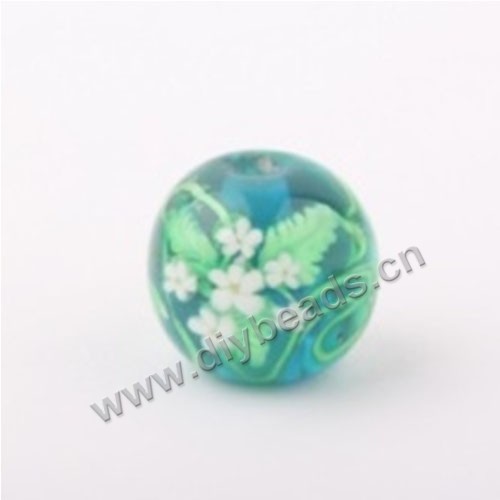 Bead, lampworked glass,green with flower, 14x14mm round.mini order 50pc 