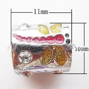Bead, big-hole beads,silver-plated pewter and enameled , red/yellow, 11x10mm round tube with dragonfly and rhinestone, 6mm hole. Sold per pkg of 10ps